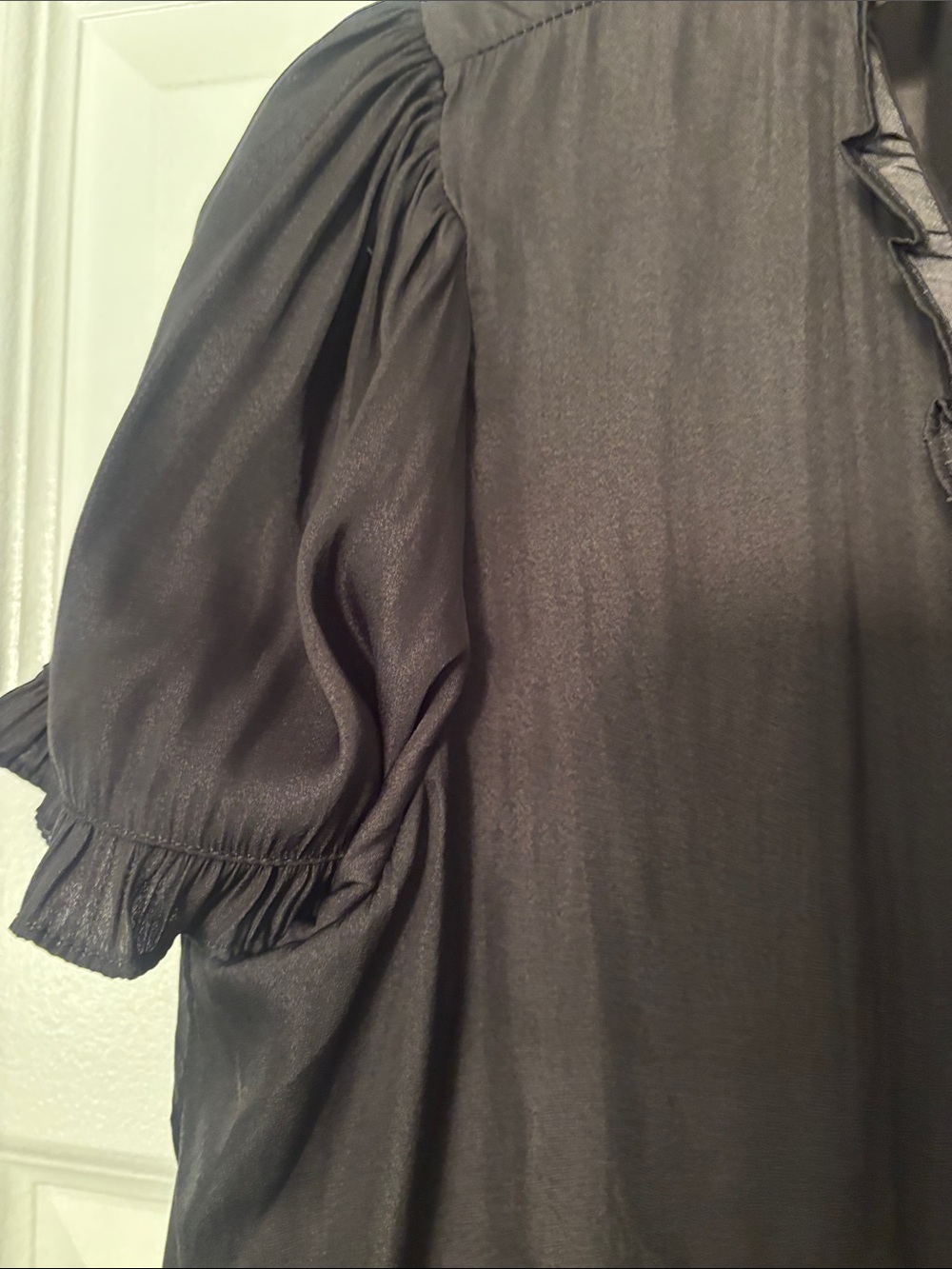 Tahari Charcoal Black Ruffled Short-Sleeve Blouse - Picture 4 of 5